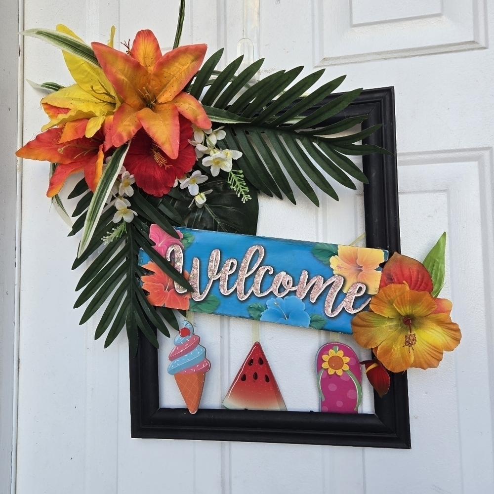 Handmade Tropical Wreath With Welcome Sign Picture Frame Wreath Summer Wreath